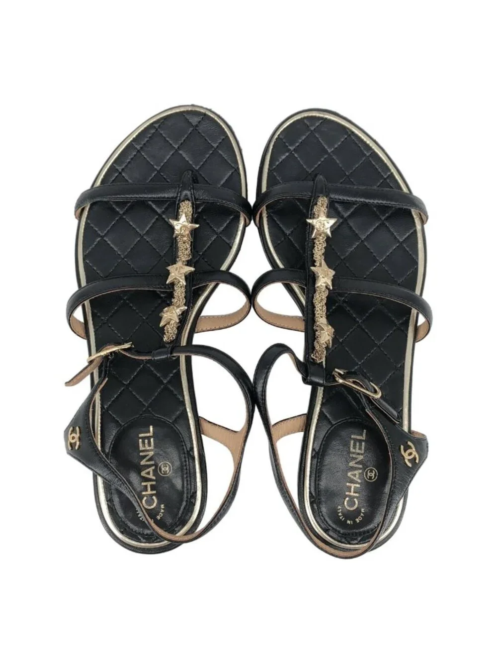 Chanel CC Logo Star Strap Sandals 35 Black Gold